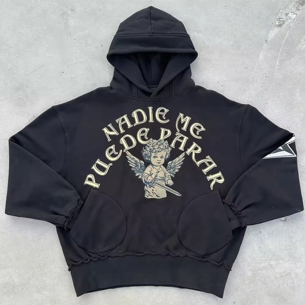 Circle Pocket Shredded Embroidered Hoodie